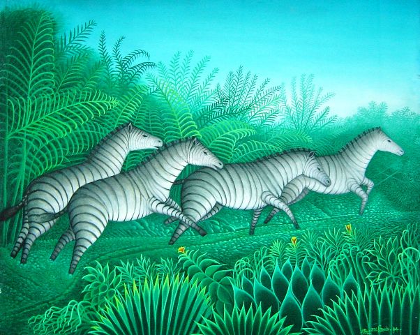 Eric Jn-Louis (Haitian, 1957-2022) 20"x24" Zebras 1994  Oil on Canvas Painting #1-2-95MFN