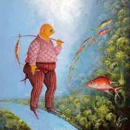 Andre Blaise 16"x12" Fish Man avec une huile d'appât à bord #1205GN-HA