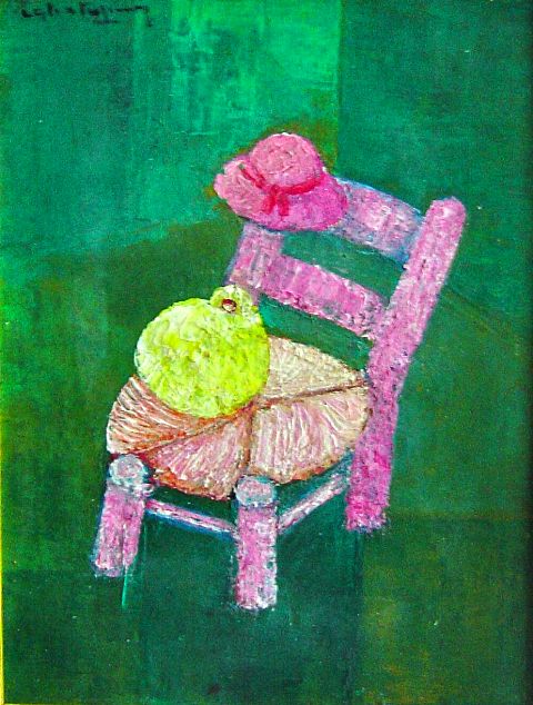 Calixte Henry (1933-2010) 16"x12" Chair/ Pigeon Acrylic on Canvas #1MFN- Framed