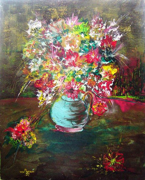 Johnny Valbrun (II) (Dcd 2005) 20"x16" Vase of Flowers  1989 Acrylic on Canvas #10-3-96MFN