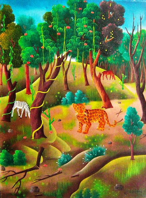 Marie Claude Latortue 16x12 Escena de la selva Óleo sobre lienzo #3-2-95MFN