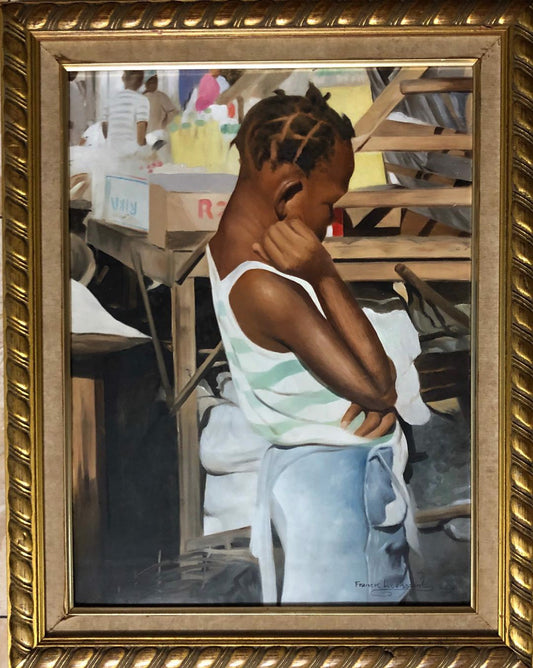 Franck Louissaint (Haitiano, 1949-2021) Pintura al óleo enmarcada "Pensive" sobre lienzo 24"h x 17.5"w #6-3-96GSN-NY