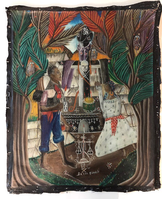 Andre Pierre (Haitiano, 1914-2005) "Baron Samedi en el cementerio" Pintura al óleo sobre lienzo sin marco 20"h x 16"w #27-3-96GSN-NY